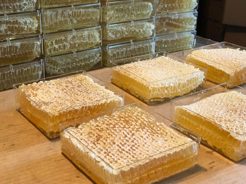 Rulison Honey Farms hand-cut comb honey in square packaging: crisp, white, clean & fresh.  Limited quantities- available late summer and early fall.
